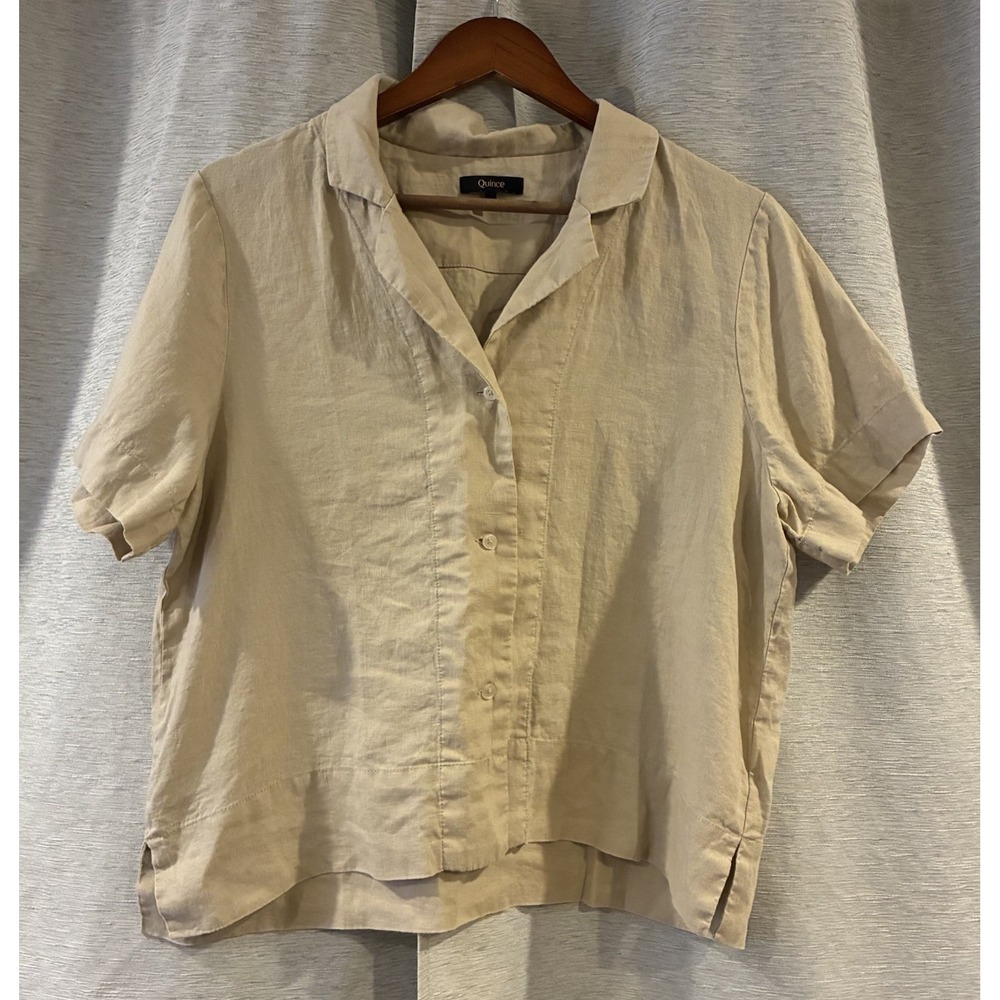 Quince 100% European Linen Short Sleeve Shirt Beige Sz Medium Quiet Luxury